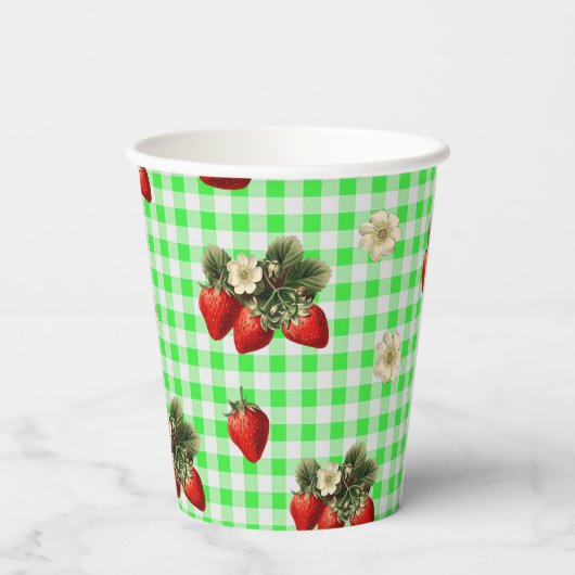 Aardbeienbloesems groene gingham schattige papiere papieren bekers (Achterkant)