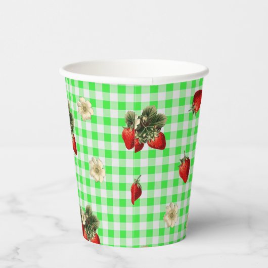 Aardbeienbloesems groene gingham schattige papiere papieren bekers (Rechts)