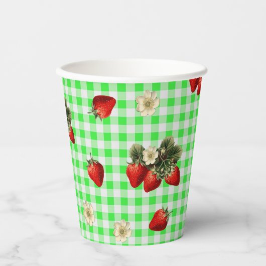 Aardbeienbloesems groene gingham schattige papiere papieren bekers (Voorkant)