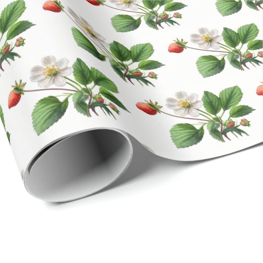 Aardbeienbloesems op wit cadeaupapier (Rol Hoek)