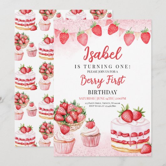 AardbeienCake Birthday Kaart (Voorkant / Achterkant)