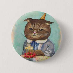 AardbeienCake Birthday Kat Ronde Button 5,7 Cm