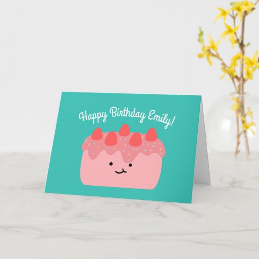 AardbeienCake | Happy Birthday Greeting Folded Kaart (Gele Bloem)