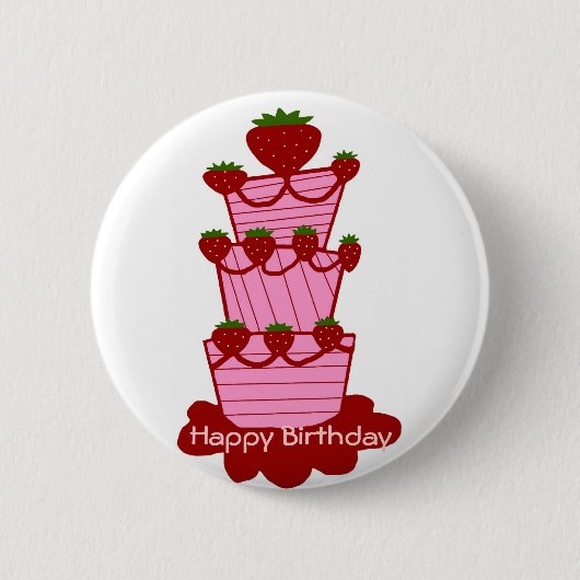 Aardbeiencake, Happy Birthday-toets Ronde Button 5,7 Cm (Voorkant)