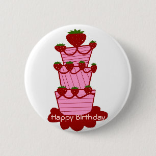 Aardbeiencake, Happy Birthday-toets Ronde Button 5,7 Cm