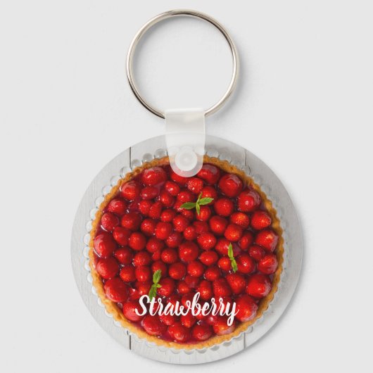 Aardbeiencake met munt op wit hout sleutelhanger (Voorkant)
