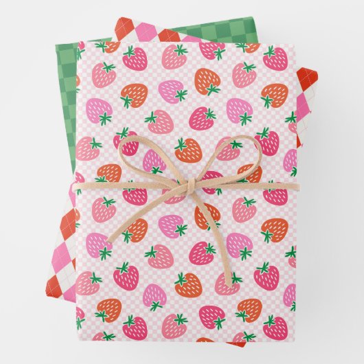 Aardbeiencheques & Argyle Christmas Pink Green Inpakpapier Vel (In situ)