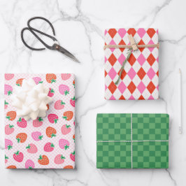 Aardbeiencheques & Argyle Christmas Pink Green Inpakpapier Vel