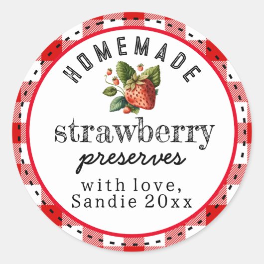 Aardbeienconserve Zelfgemaakt Rood Buffalo Plaid Ronde Sticker (Voorkant)