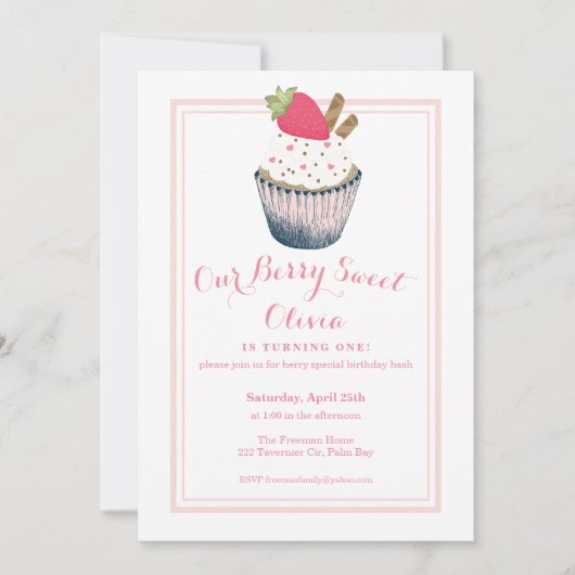 Aardbeiencupcake 1e verjaardag uitnodiging – Prett (Voorkant)