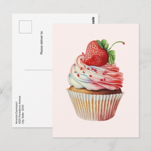 Aardbeiencupcake zoet dessert briefkaart (Voorkant / Achterkant)