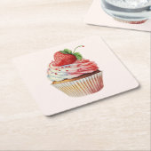 Aardbeiencupcake zoet dessert kartonnen onderzetters (Schuin)