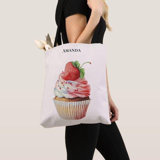 Aardbeiencupcake zoet dessert tote bag (Dichtbij)