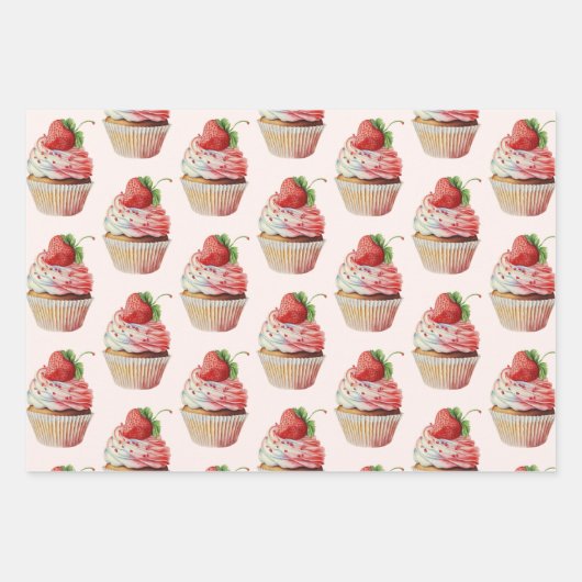Aardbeiencupcake zoet dessertpatroon inpakpapier vel (Voorkant)
