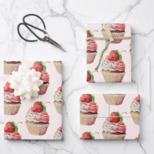Aardbeiencupcake zoet dessertpatroon inpakpapier vel