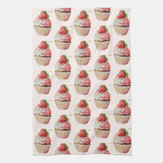 Aardbeiencupcake zoet dessertpatroon theedoek (Verticaal)