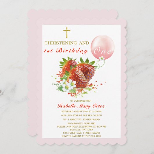 Aardbeiendoop en eerste verjaardag kaart (Voorkant / Achterkant)