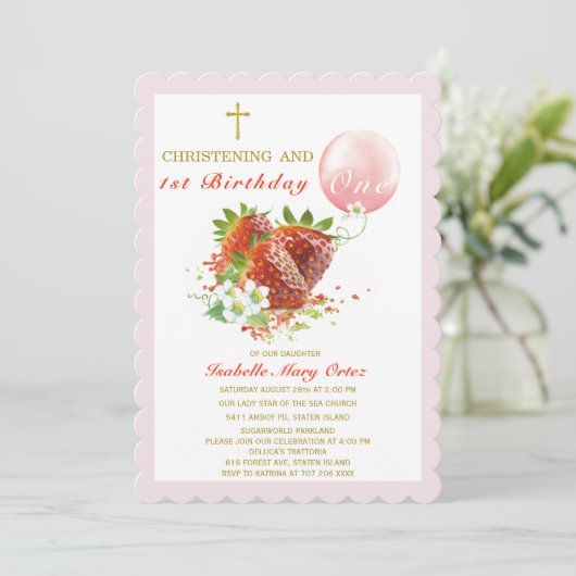 Aardbeiendoop en eerste verjaardag kaart (Staand voorkant)