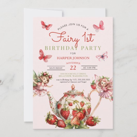 Aardbeienfee 1e theepot 1e verjaardag kaart (Voorkant)