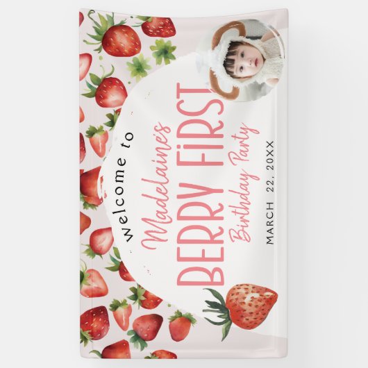 Aardbeienfoto Welkom Berry Eerste Verjaardag Spandoek (Verticaal)