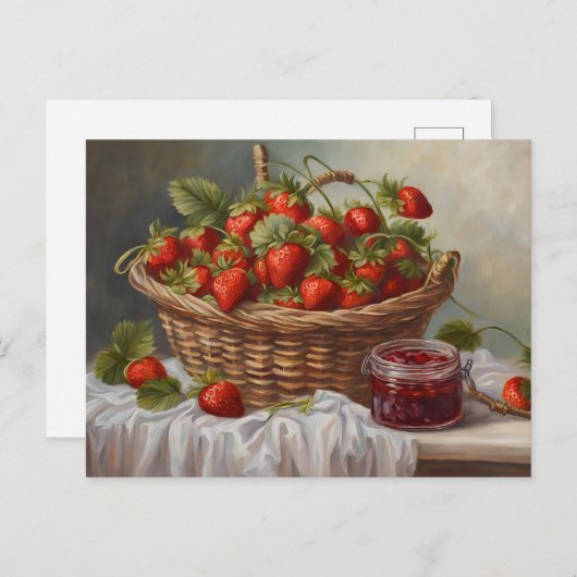Aardbeienfruit in een mandje en aardbeienjam briefkaart (Voorkant / Achterkant)