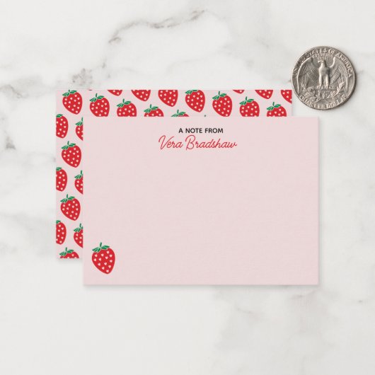 Aardbeienharten roze coquette gepersonaliseerd notitiekaartje (Voorkant / Achterkant in situ)