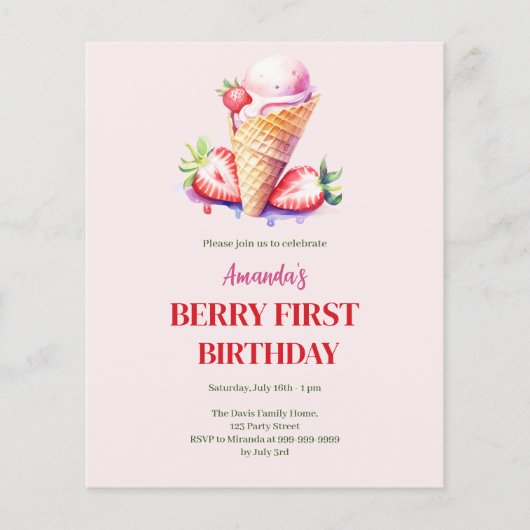 Aardbeienijs 1e verjaardag bessen eerste uitnodigi (Voorkant)