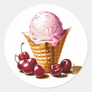 Aardbeienijs in kegel met kersen ronde sticker