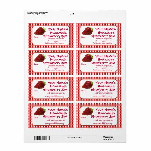 Aardbeienjam inblikpot etiketten gepersonaliseerd (Full Sheet)