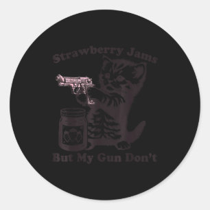 Aardbeienjam Maar Mijn Pistool Niet Grappige Kat V Ronde Sticker