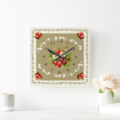 Aardbeienklok Loden Groene Achtergrond Vierkant Vierkante Klok (Huis)
