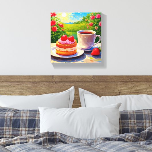 Aardbeienkoek en koffie Delight Canvas Afdruk (Insitu (Slaapkamer))