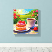 Aardbeienkoek en koffie Delight Canvas Afdruk (Insitu (Houten vloer))