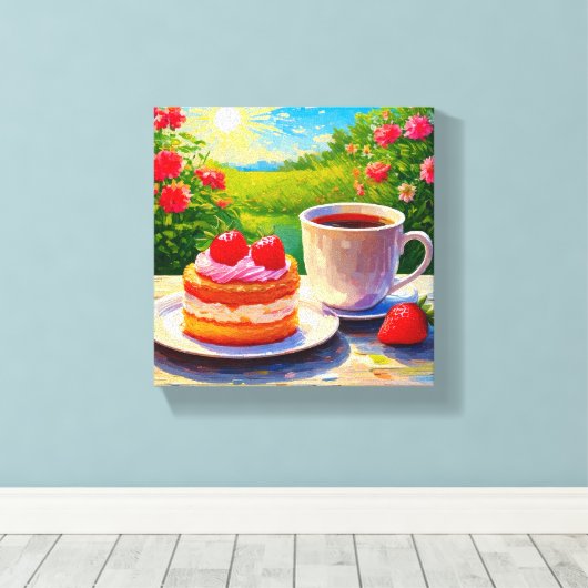 Aardbeienkoek en koffie Delight Canvas Afdruk (Insitu (Houten vloer))