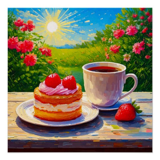 Aardbeienkoek en koffie Delight Perfect Poster (Voorkant)