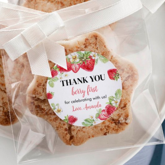 Aardbeienlabels op het Baby shower "Birthday" Ronde Sticker