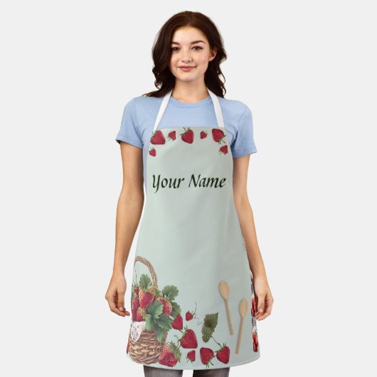 Aardbeienmand over gedrukt Schort Medium (Gedragen)