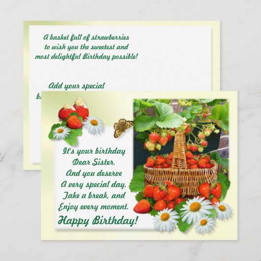Aardbeienmand ~ Sister Birthday Briefkaart (Voorkant / Achterkant)