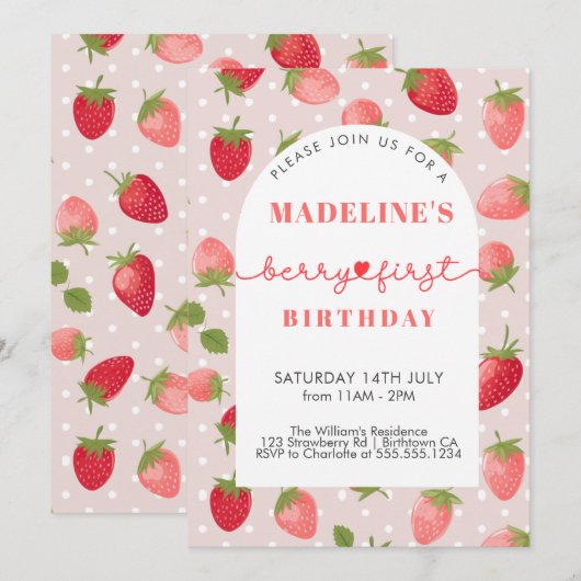 aardbeienmeisje 1e verjaardag kaart (Voorkant / Achterkant)