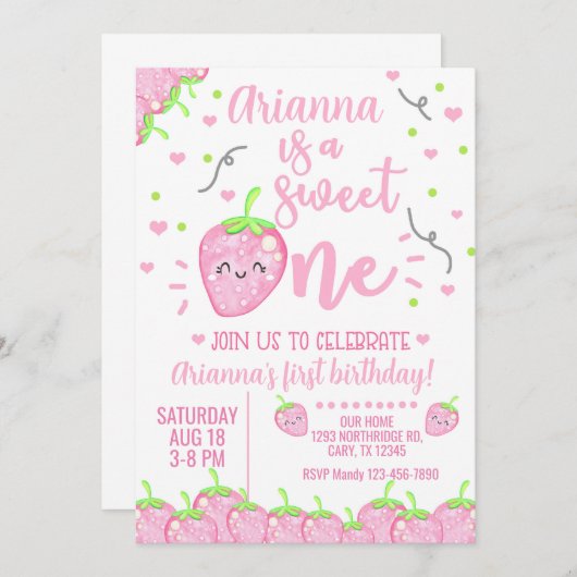 Aardbeienmeisje nodigt voor de eerste verjaardag u kaart (Voorkant / Achterkant)