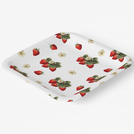 Aardbeienpapier borden met bloesems op wit papieren bordje (Gebogen)
