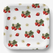 Aardbeienpapier borden met bloesems op wit papieren bordje (Voorkant)