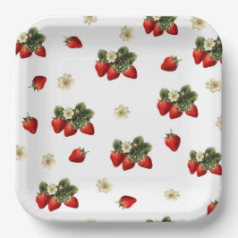 Aardbeienpapier borden met bloesems op wit papieren bordje