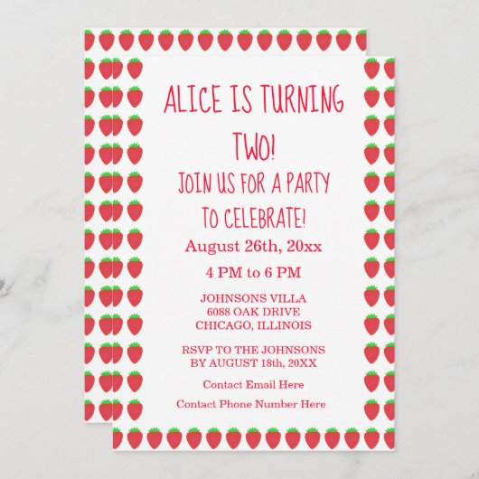 Aardbeienpatronen 2e Verjaardagspartij Aangepaste  Kaart (Voorkant / Achterkant)