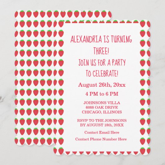 Aardbeienpatronen 3de Verjaardagspartij Aangepaste Kaart (Voorkant / Achterkant)