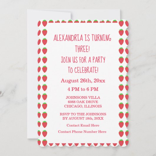 Aardbeienpatronen 3de Verjaardagspartij Aangepaste Kaart (Voorkant)