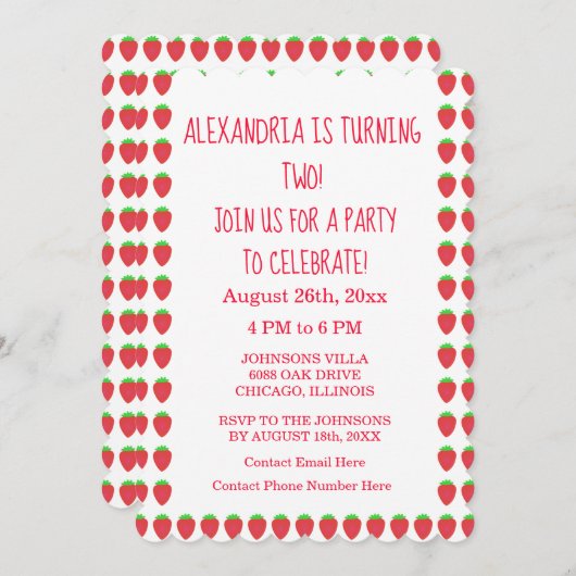 Aardbeienpatronen Party Custom Age 2e Verjaardag Kaart (Voorkant / Achterkant)