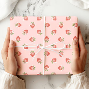 Aardbeienpatroon Coquette roze strik Cadeaupapier