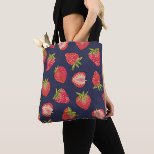 Aardbeienpatroon op blauw tote bag