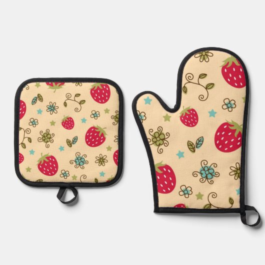 Aardbeienpatroon Ovenwant & Pannenlap Set (Voorkant)